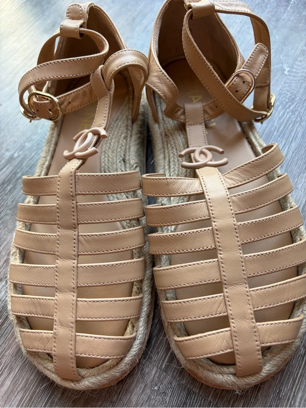 CHANEL Tan Leather Strappy Espadrille Sandals with CC Emblem